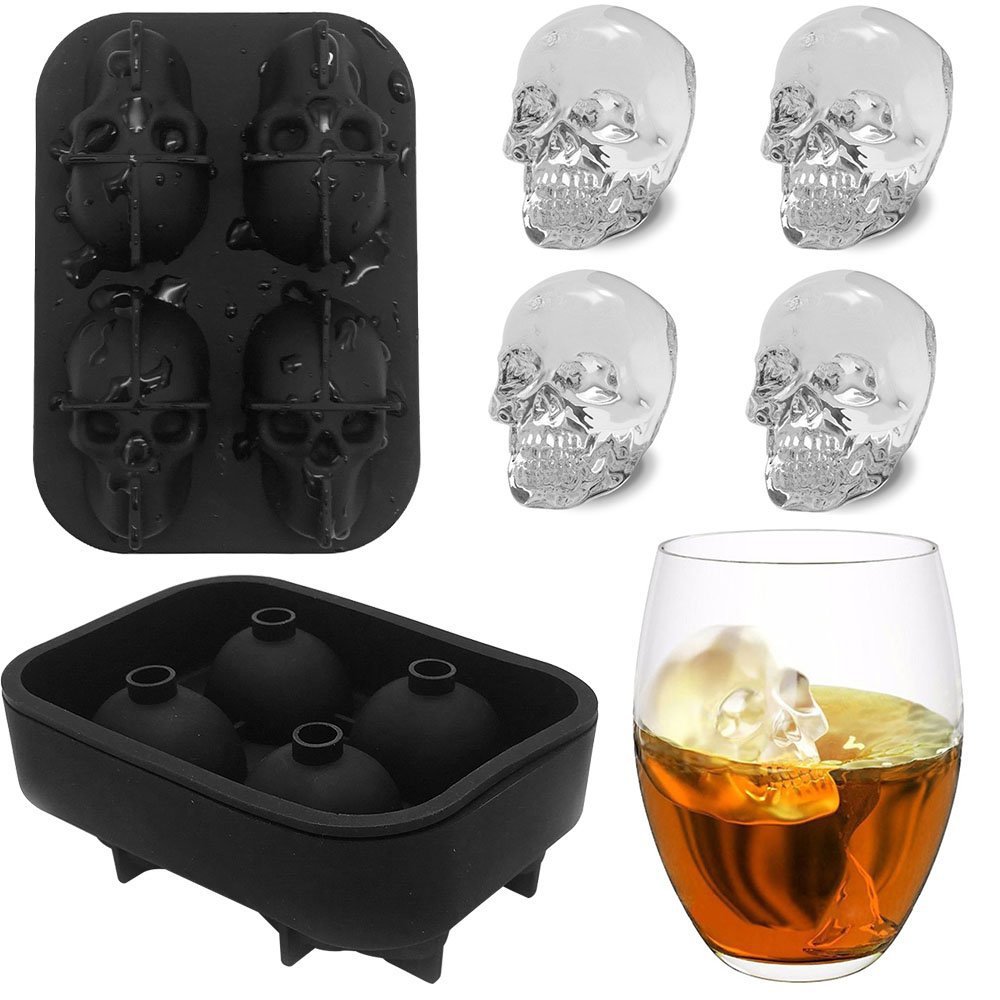3D Skull Flexible Silicone Ice Cube Mold Tray, Makes Four 4 Cavities Ice Skulls, Round Ice Cube Maker For Thanksgiving & Christmas Day